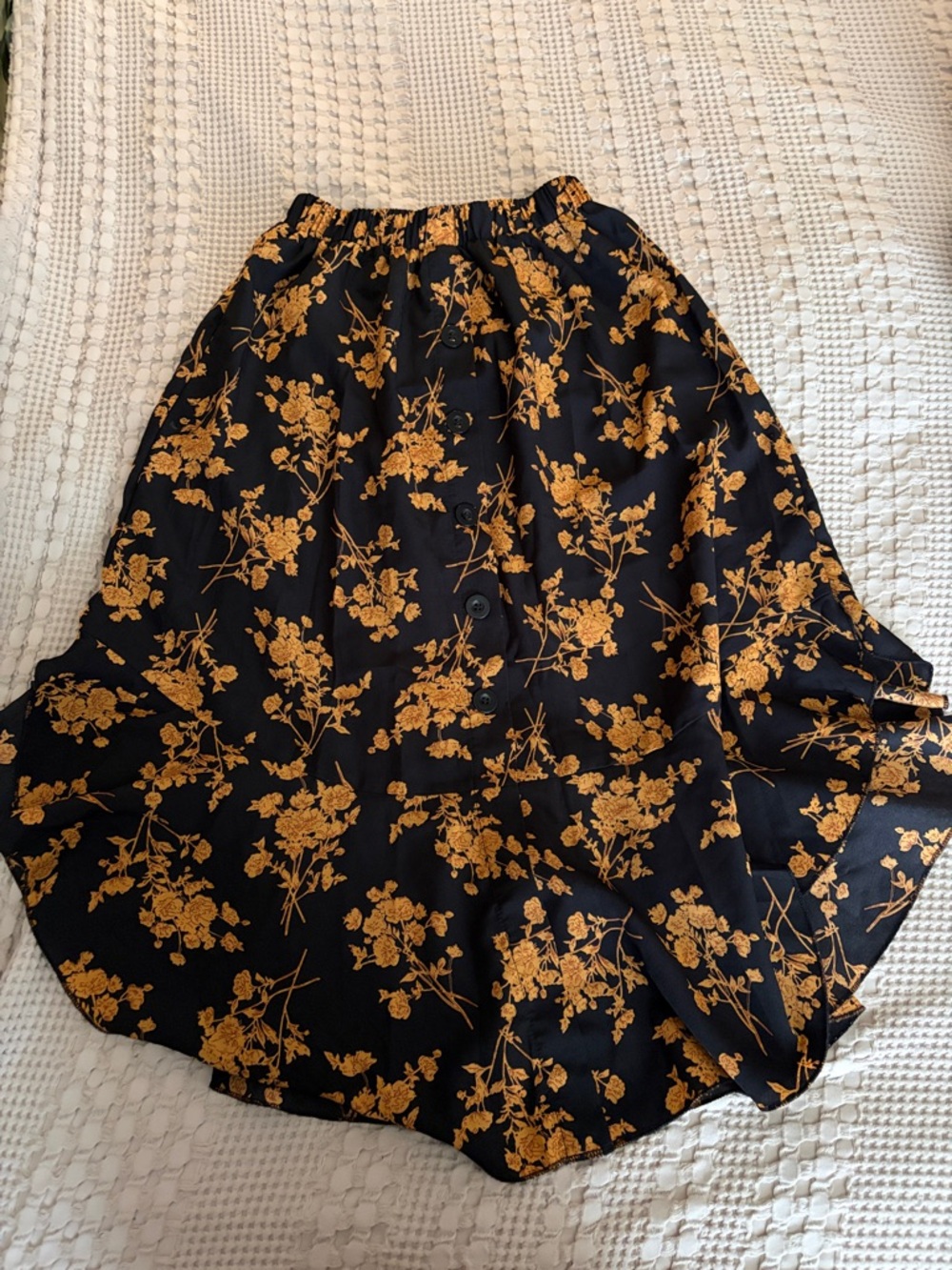 Women's Black Floral Button-Front Skirt in Mustard Yellow